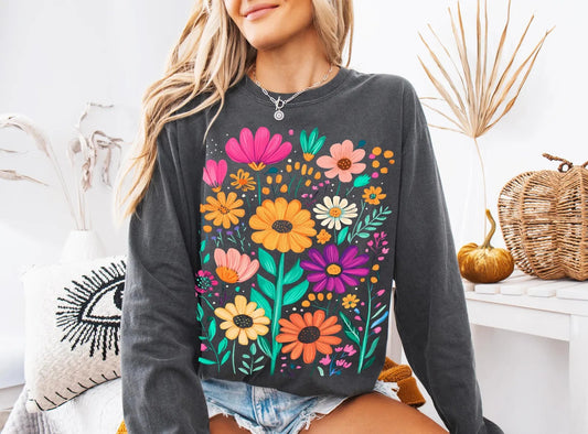 Bold & Colorful Wildflowers Pepper Long Sleeve Tee