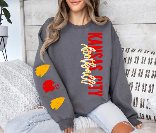 **DEAL OF THE DAY** Red & Gold Kansas City Football Script With Arrowhead & Helmet Sleeve Charcoal Sweatshirt