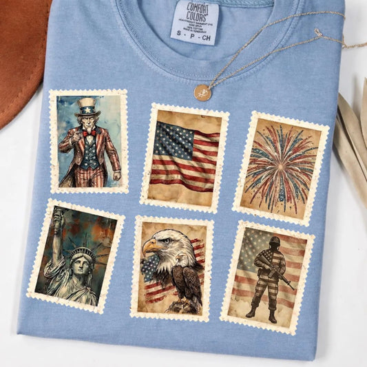 MERICA Stamps Washed Denim Tee