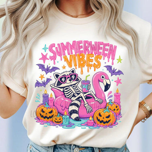 Raccoon Skeleton Summerween Vibes Ivory Tee