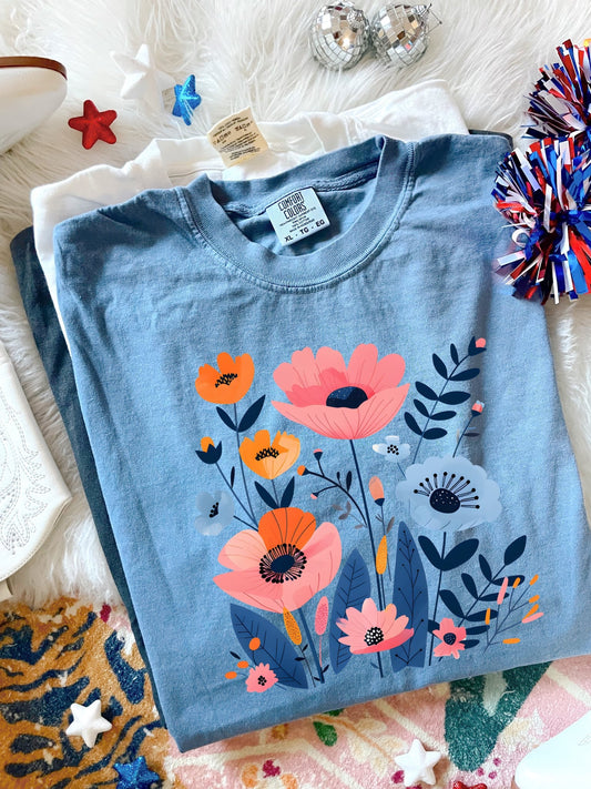 Pink & Blue Floral Design Blue Jean Tee