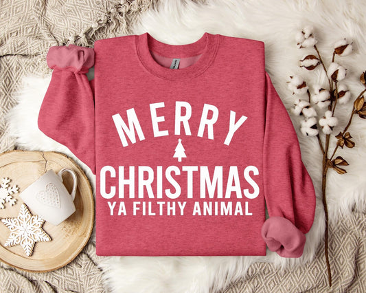 **CHRISTMAS IN JULY** White Merry Christmas Ya Filthy Animal Heather Red Sweatshirt