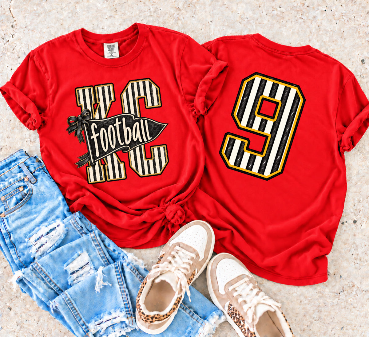 FRONT + BACK KC Striped Football Flag + 9 Red Tee