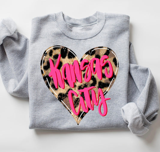 Pink Kansas City Leopard Heart Sports Grey Sweatshirt