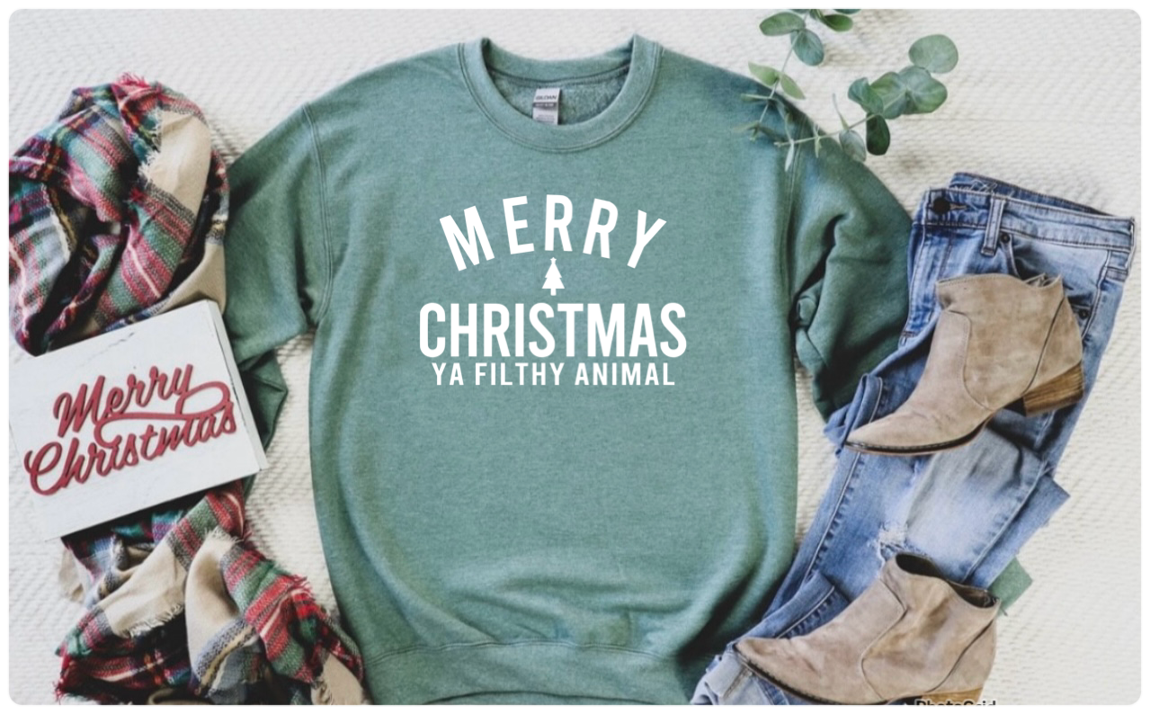 **CHRISTMAS IN JULY** White Merry Christmas Ya Filthy Animal Heather Green Sweatshirt