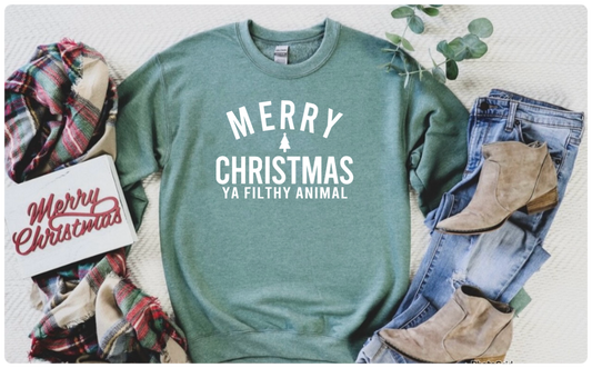**CHRISTMAS IN JULY** White Merry Christmas Ya Filthy Animal Heather Green Sweatshirt