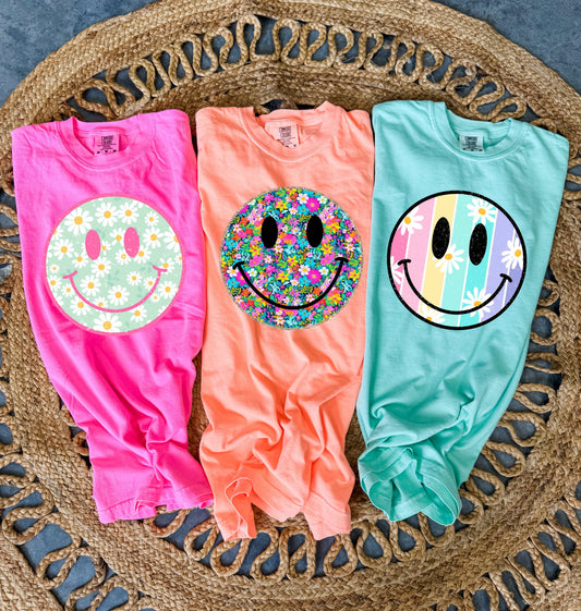 Colorful Distressed Floral Smiley Color Option