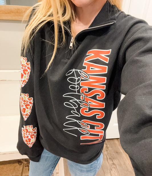 **DEAL OF THE DAY** Red Kansas City Script Vertical With Leopard Arrowhead Black Quarter Zip