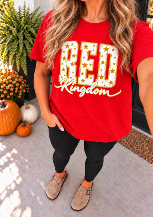 Red Kingdom Script Gold Stars Red Tee