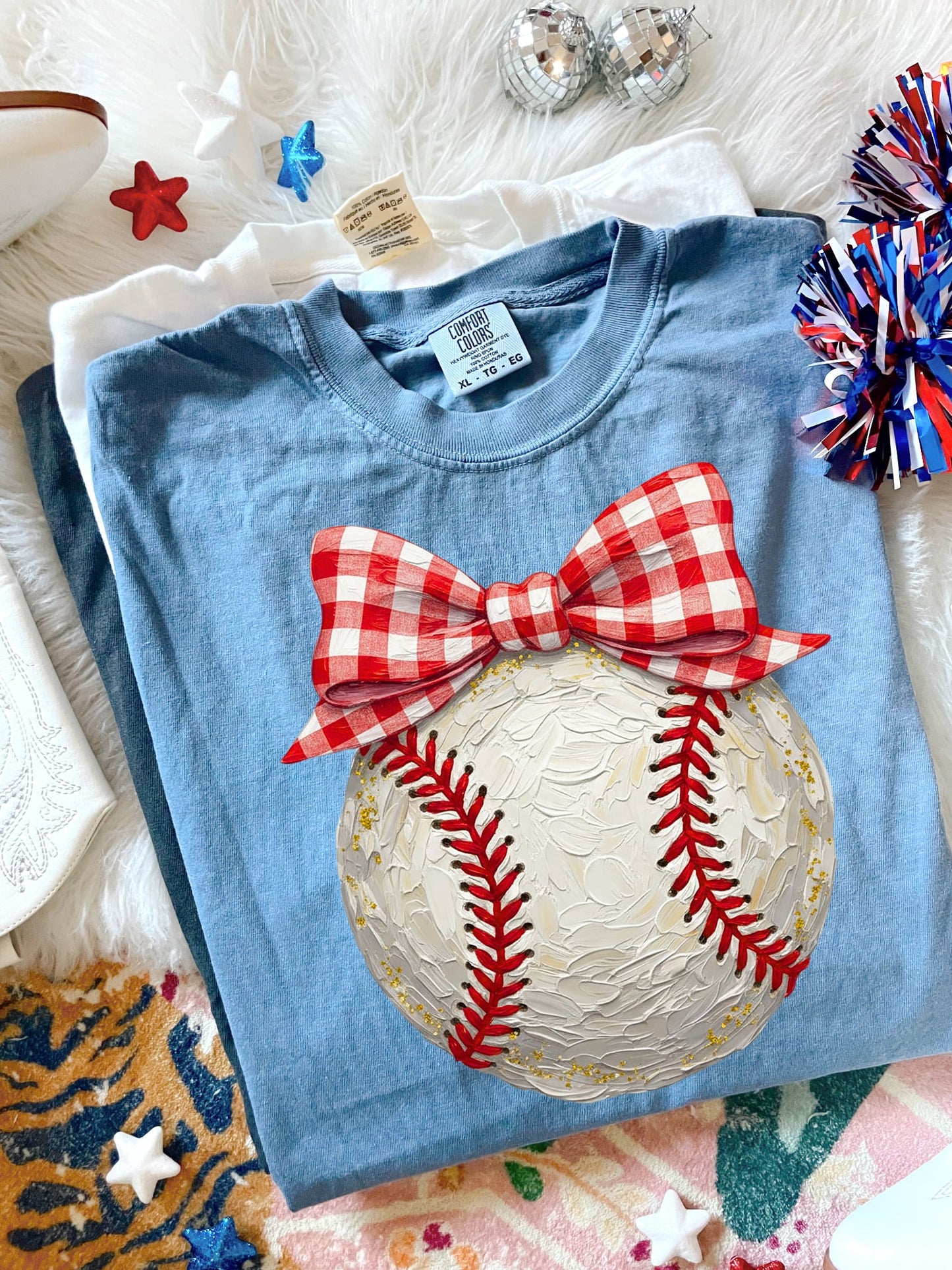 Red Checkered Bow Baseball Blue Jean Tee