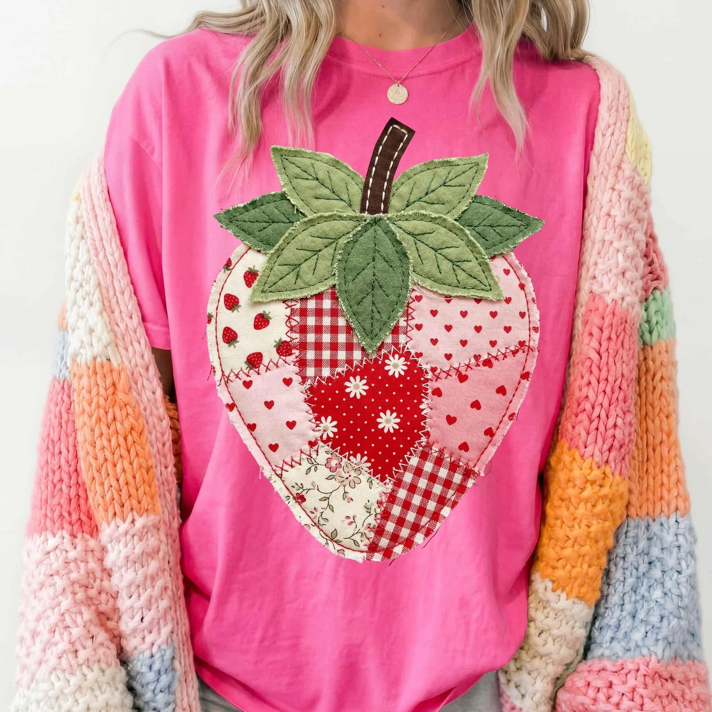 Patchwork Strawberry Neon Pink Tee