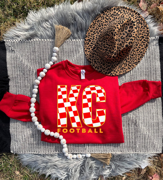 **HALFTIME DEAL** Red & White KC Checkered Gold Football Red Sweatshirt