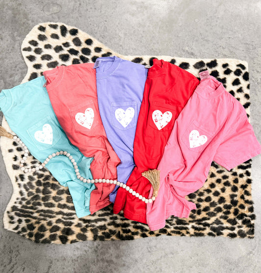 White Grunge Distressed Heart Pocket Tees