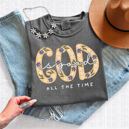 White Floral God Is Good All The Time Pepper Tee