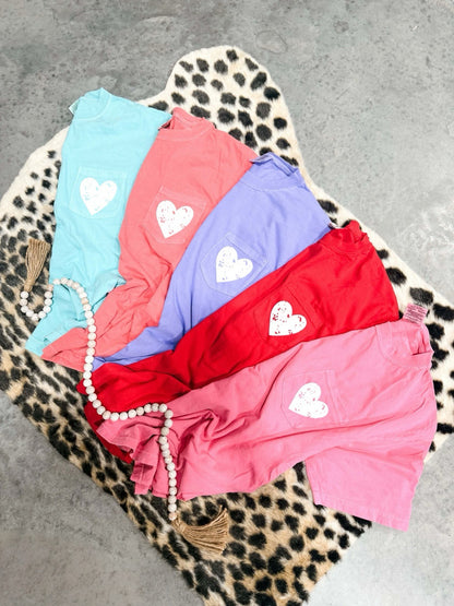 White Grunge Distressed Heart Pocket Tees
