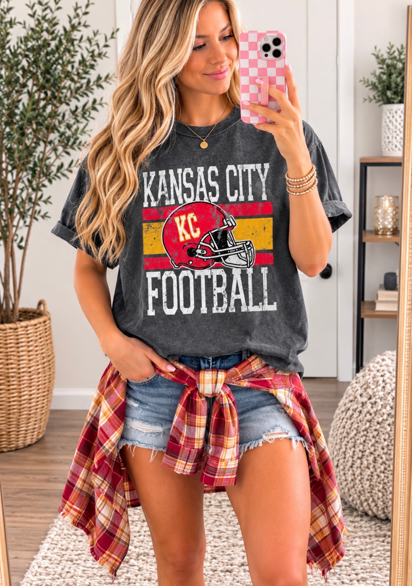 **HALFTIME DEAL** Red & Gold Distressed Kansas City KC Helmet Pepper Tee
