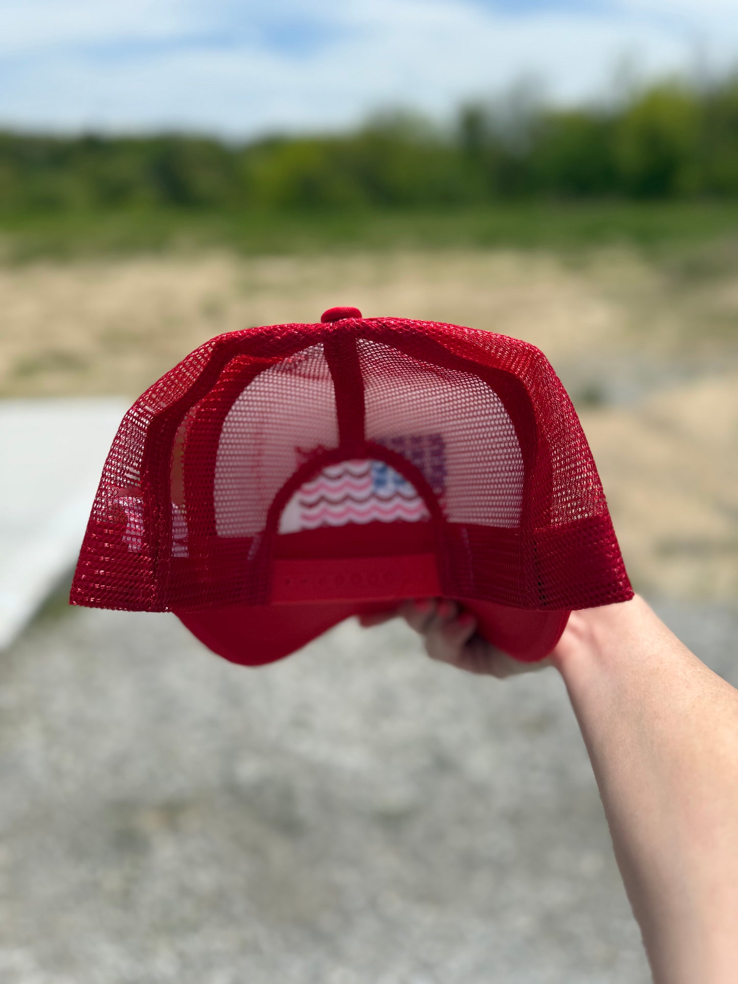 *EMBROIDERED* USA Stripes & Bow Flag Red & White Trucker Hat