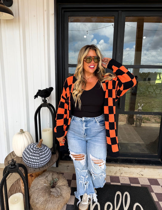 **PREORDER** Black & Orange Checkered Cardigan