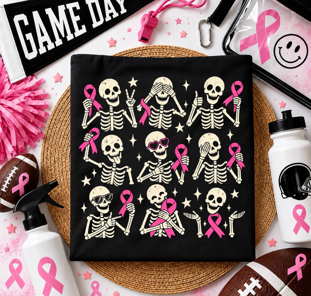 Dancing Skeleton Pink Ribbon Black Tee