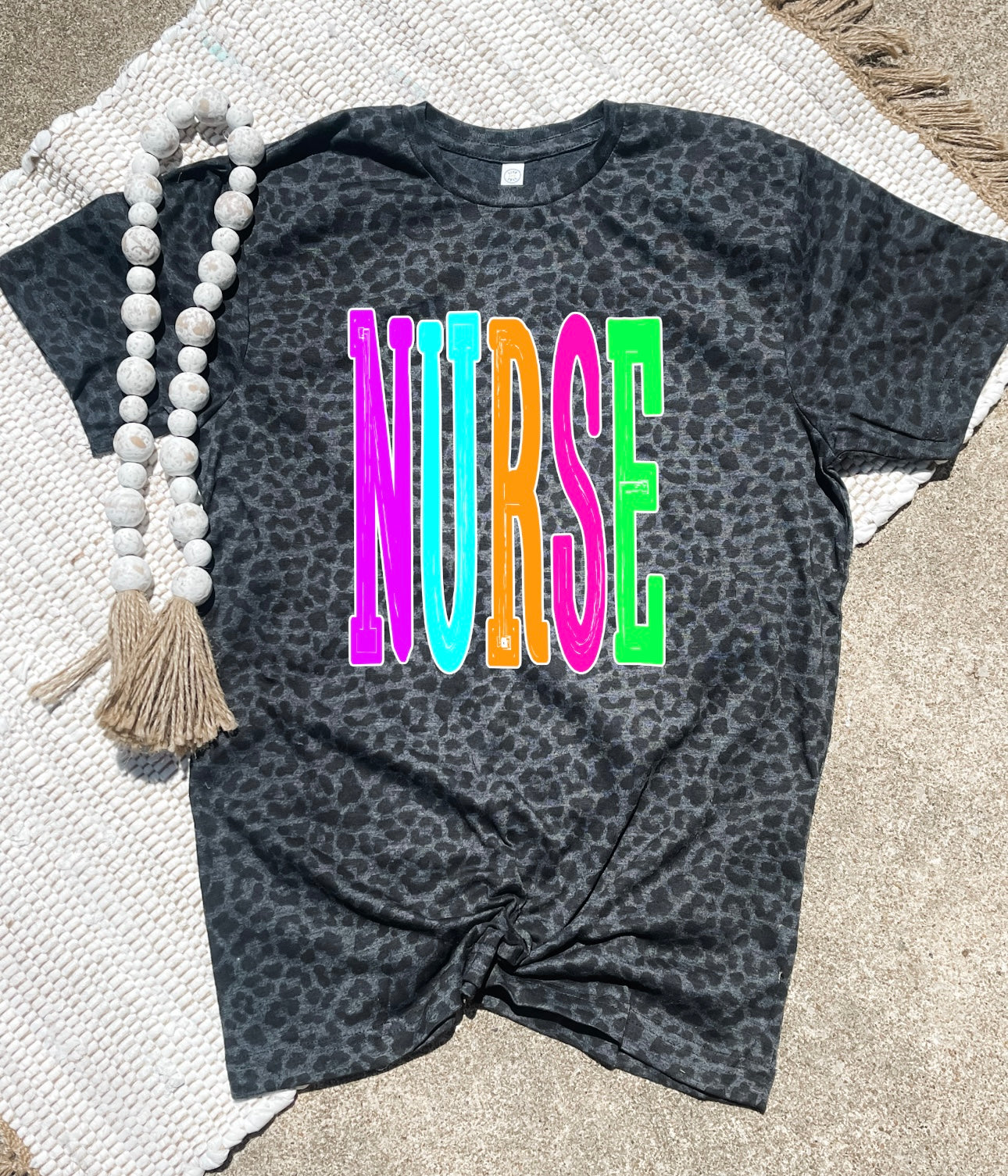 Nurse Tall Letters Black Leopard Tee