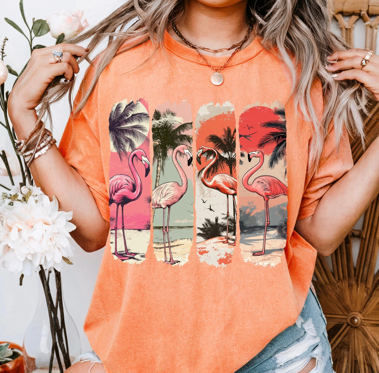 Flamingo Collage Heather Cantelope Tee