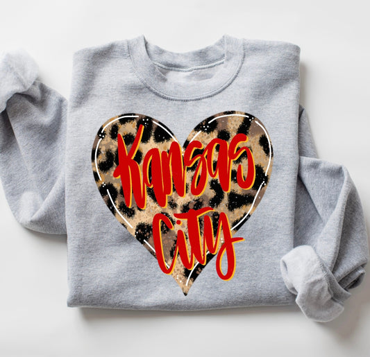 Red Kansas City Leopard Heart Sports Grey Sweatshirt