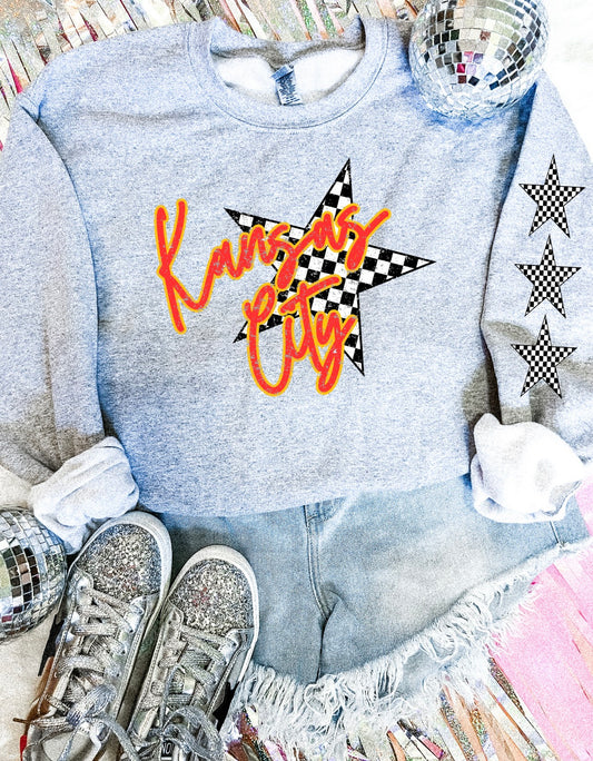 Kansas City Checkered Star With Star Checkered Sleeve Sports Grey Sweatshirt