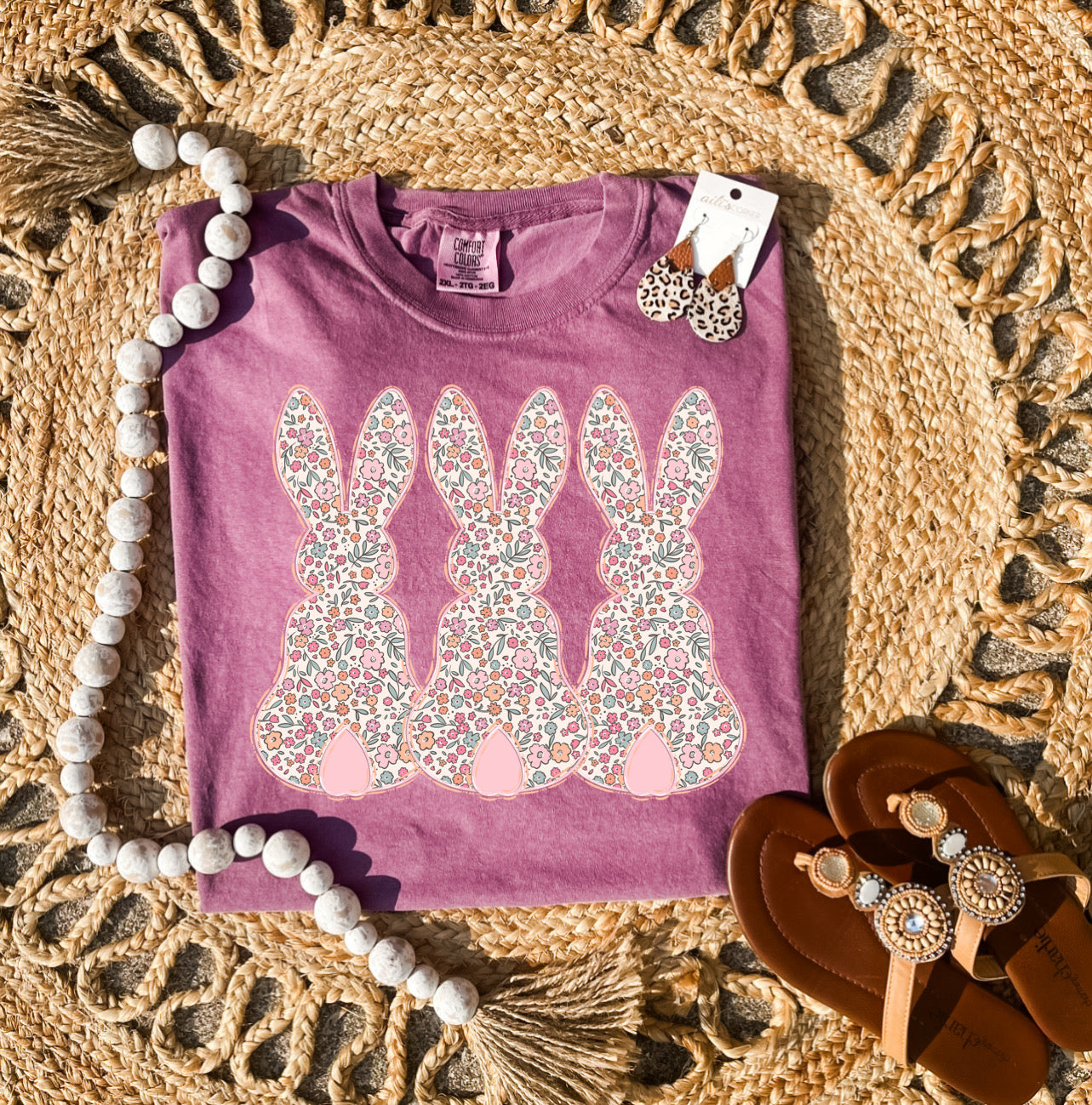 Daisy Floral Triple Bunnies Berry Tee