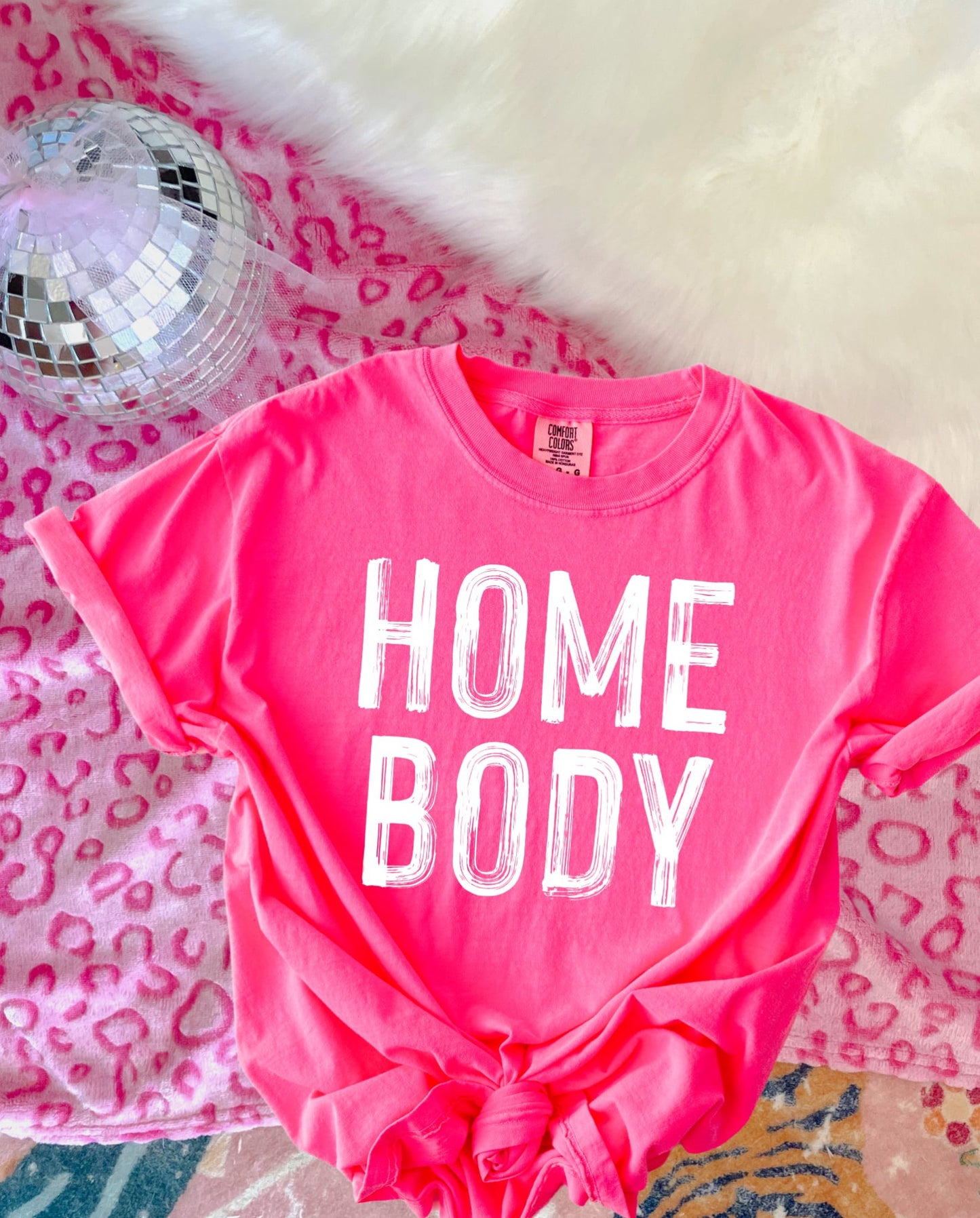 White Distressed Homebody Neon Pink Tee
