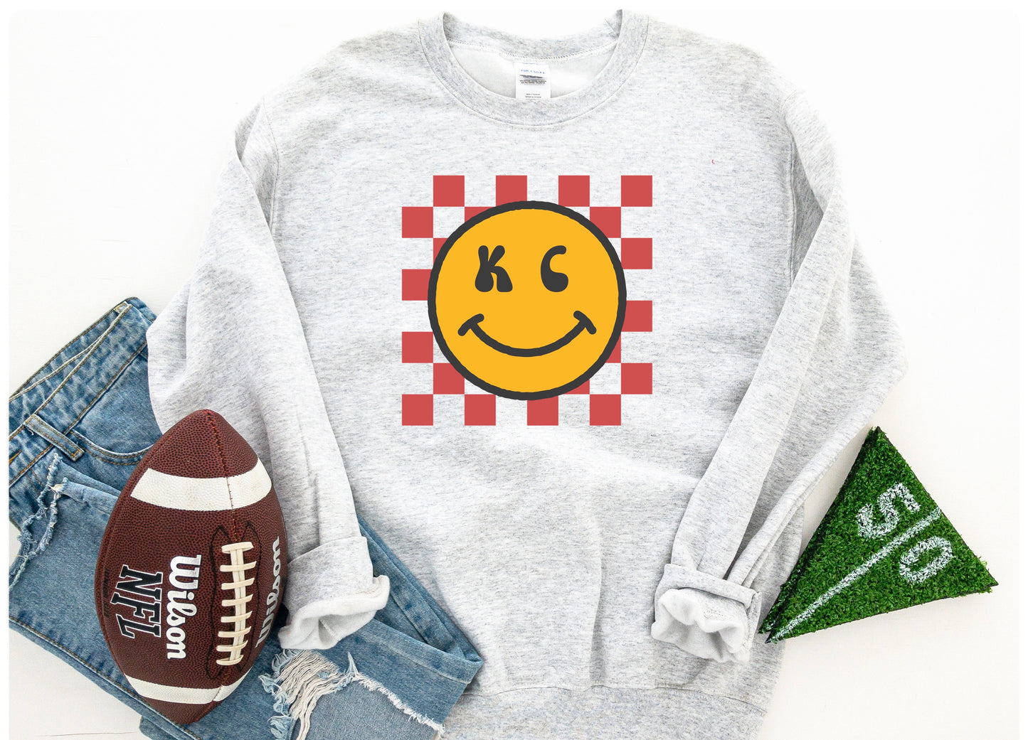 **Checkered KC Smiley Face Ash Sweatshirt