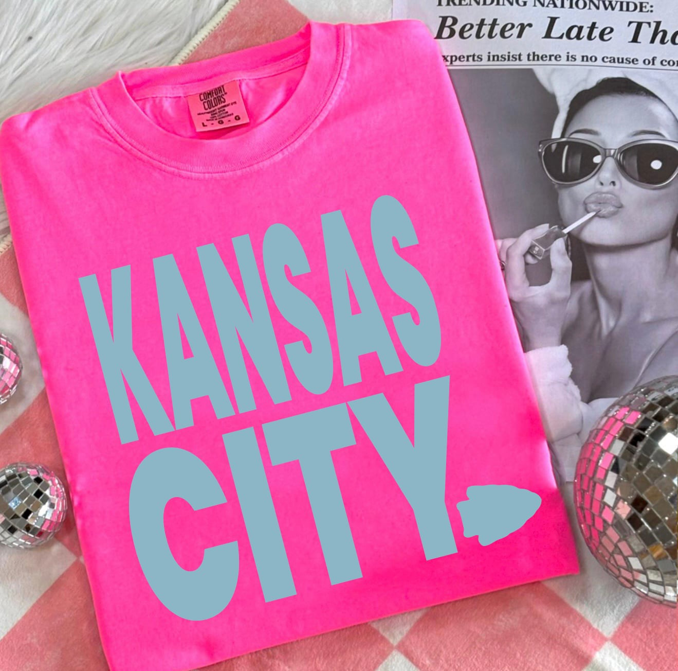 Blue Kansas City Arrowhead Neon Pink Tee