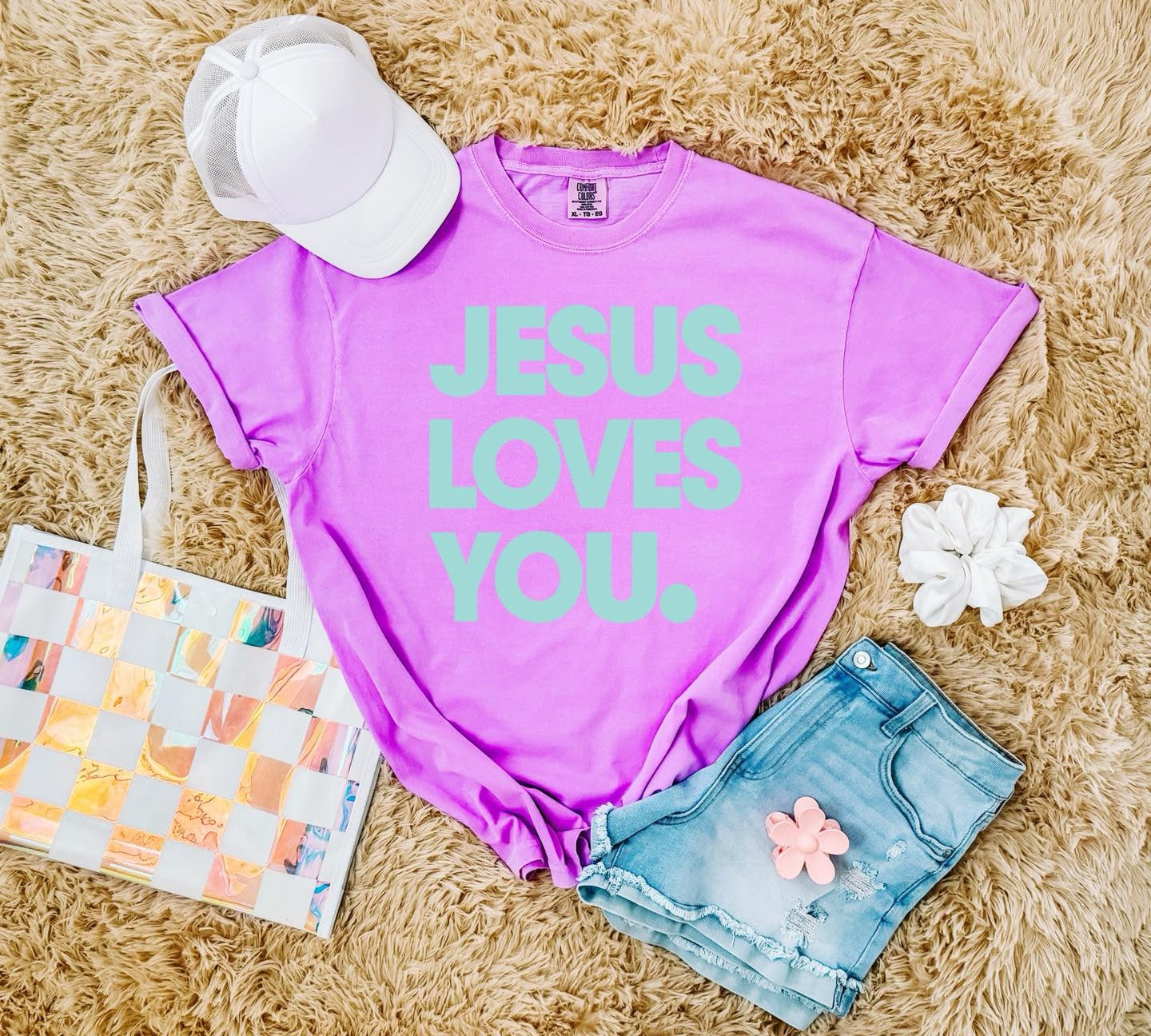 Teal Jesus Loves You Neon Violet Tee