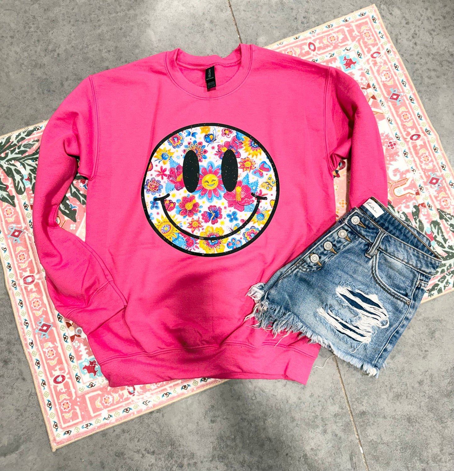Bright Floral Smiley Face Heliconia Sweatshirt