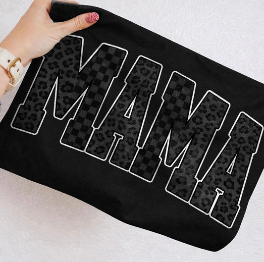 White Outline Black Leopard Mama Black Tee