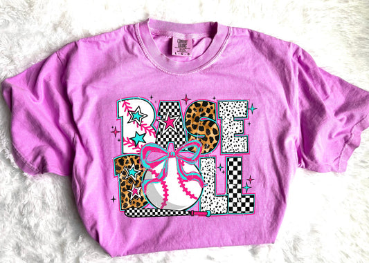 **DEAL PRICE** Checkered & Leopard Baseball Neon Violet Tee