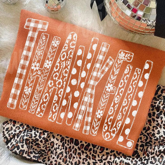 White Pattern Thankful Collage Yam Tee