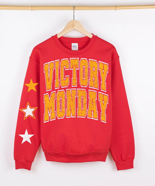 Gold Distressed Victory Monday With Star Victory Monday Sleeve Red Sweatshirt