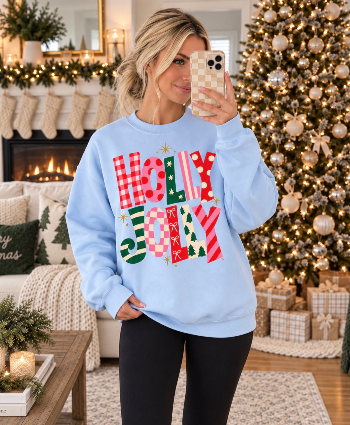 Christmas Pattern Holly Jolly Light Blue Sweatshirt