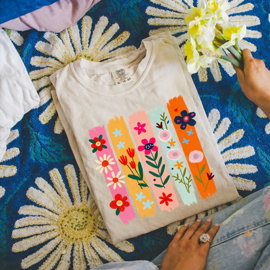 Boho Wildflowers Brushstroke Floral Ivory Tee