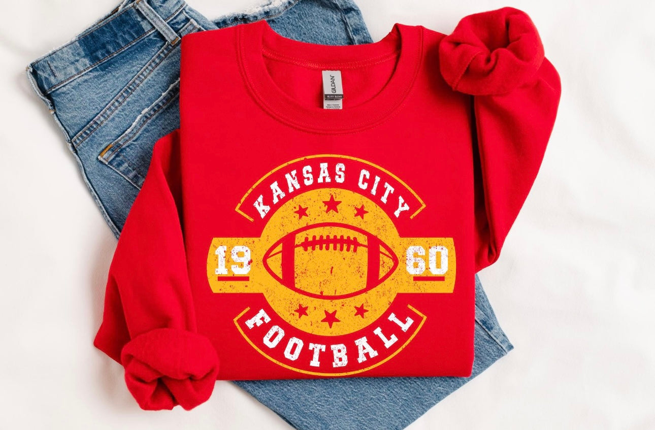**HALFTIME DEAL** Distressed Kansas City Football Circle & Stars 1960 Red Sweatshirt