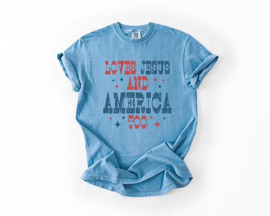 Stars Loves Jesus & America Too Washed Denim Tee