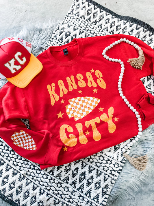 Kansas City Retro Checkered Arrow & Distressed Checkered Arrow Sleeve Red Sweatshirt