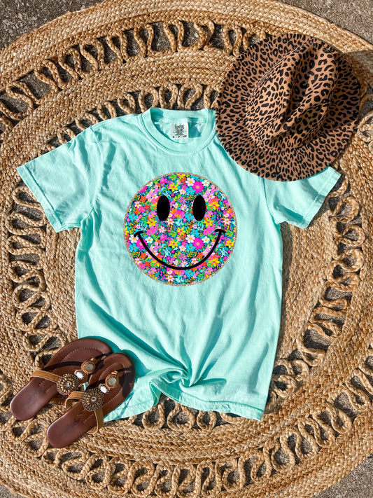 Colorful Distressed Floral Smiley Island Reef Tee
