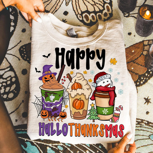 Happy Colorful Hallothanksmas Latte Sand Sweatshirt