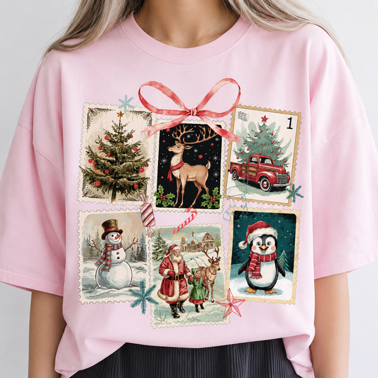 **CHRISTMAS IN JULY** Old Fashioned Christmas Stamps Blossom Tee