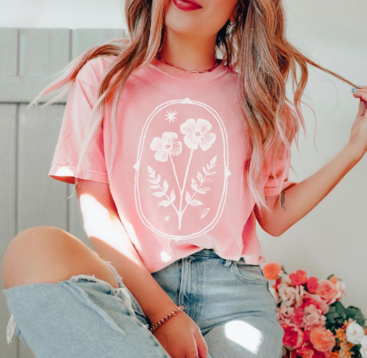 White Vintage Linocut Flower Blossom Tee
