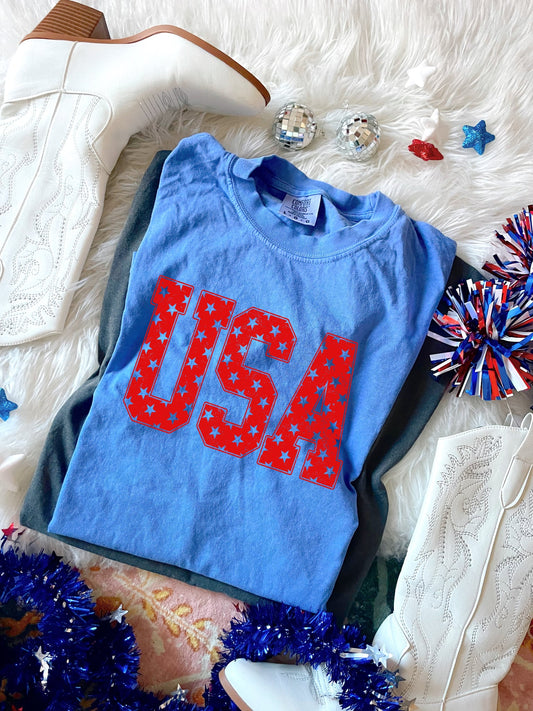 Multi Red Stars USA Flo Blue Tee