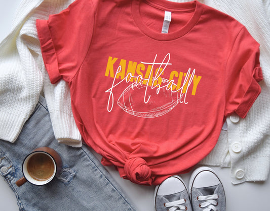 **HALFTIME DEAL** Gold Kansas City White Football Outline Script Heather Red Tee