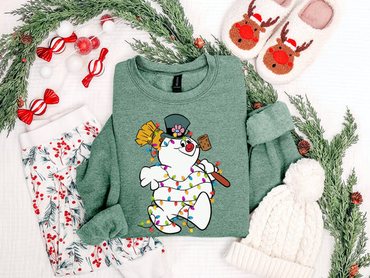 **CHRISTMAS IN JULY** Snowman Christmas Lights Heather Green Sweatshirt
