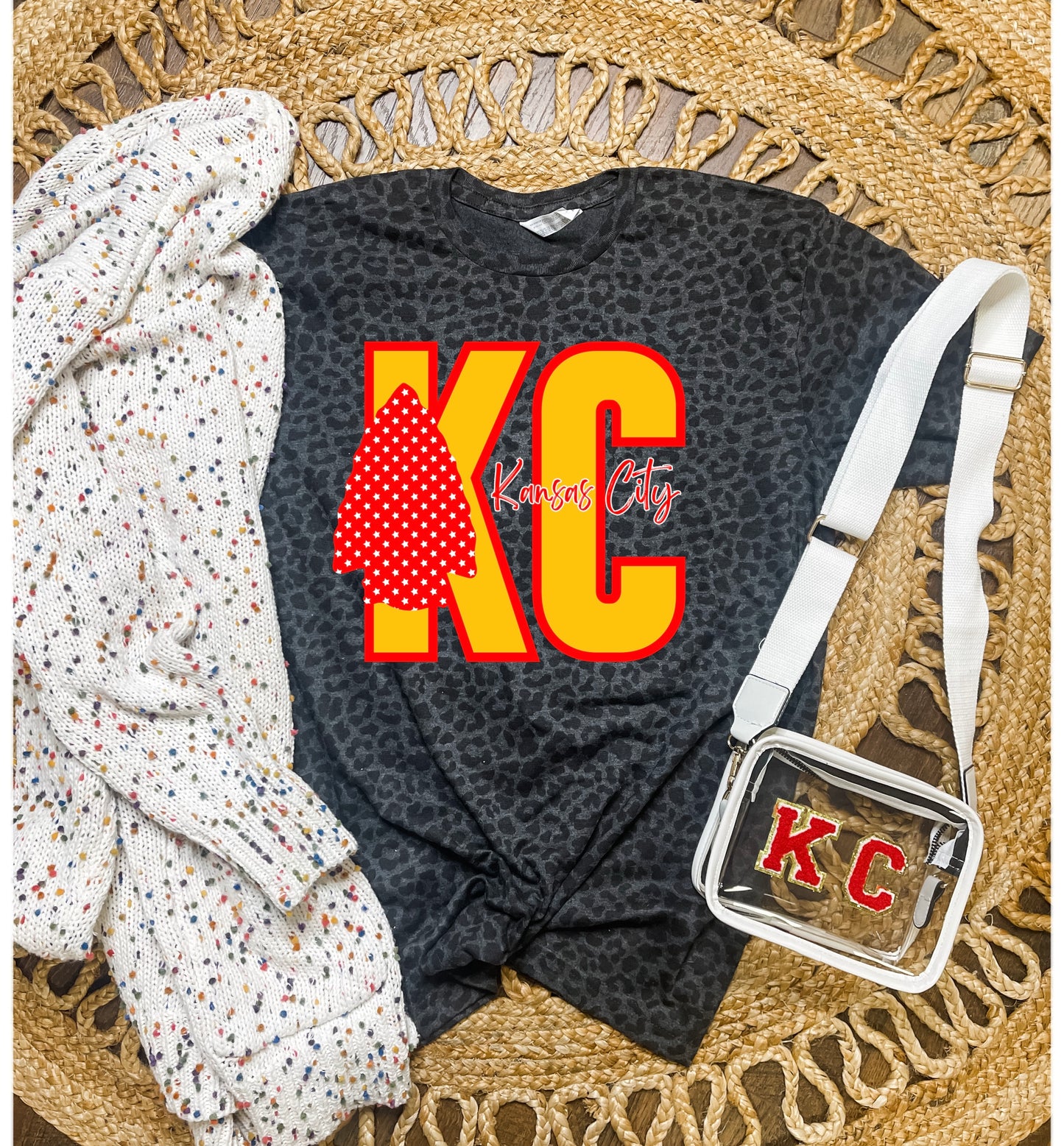 **HALFTIME DEAL** Bold KC Star Arrowhead Kansas City Black Leopard Tee